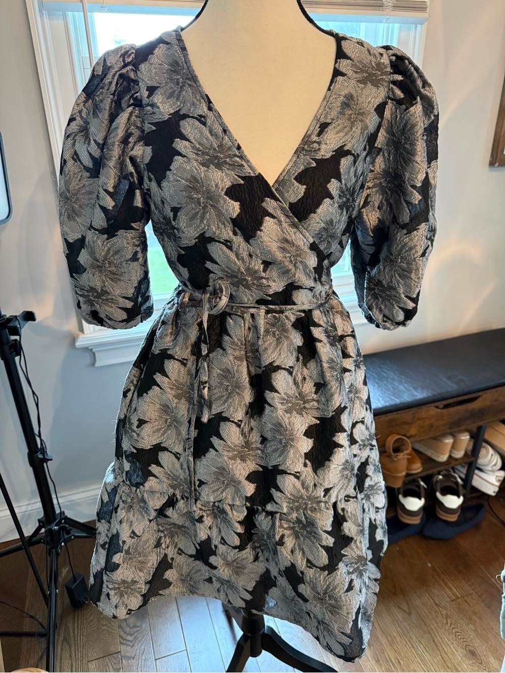 Just Female Black and Silver Floral Wrap Dress with Puff Sleeves size 4/6